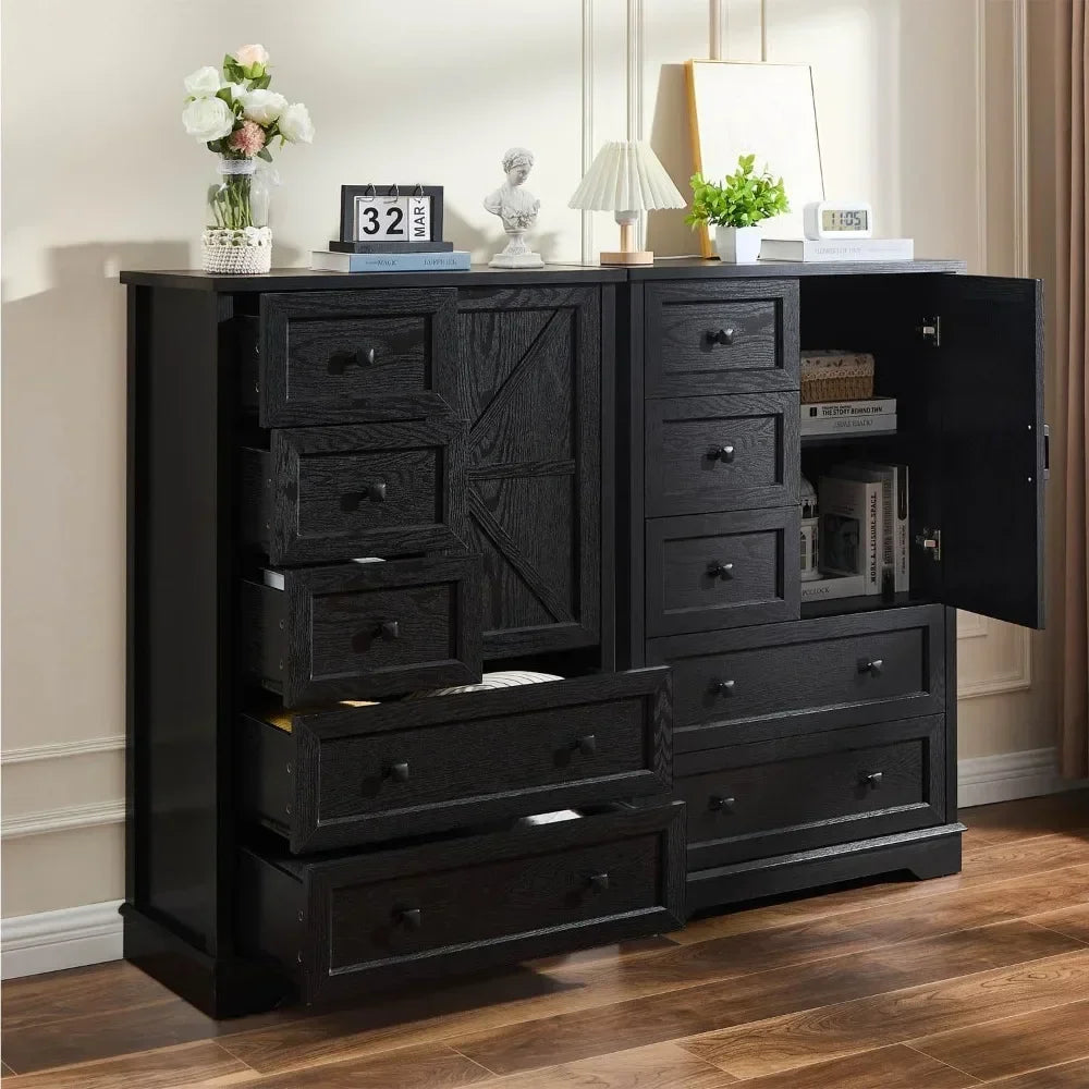 Dresser for Bedroom, 5 Drawer Wood Dresser, Black Dresser Farmhouse Dressers with 5 Wooden Drawers and Storage Cabinet