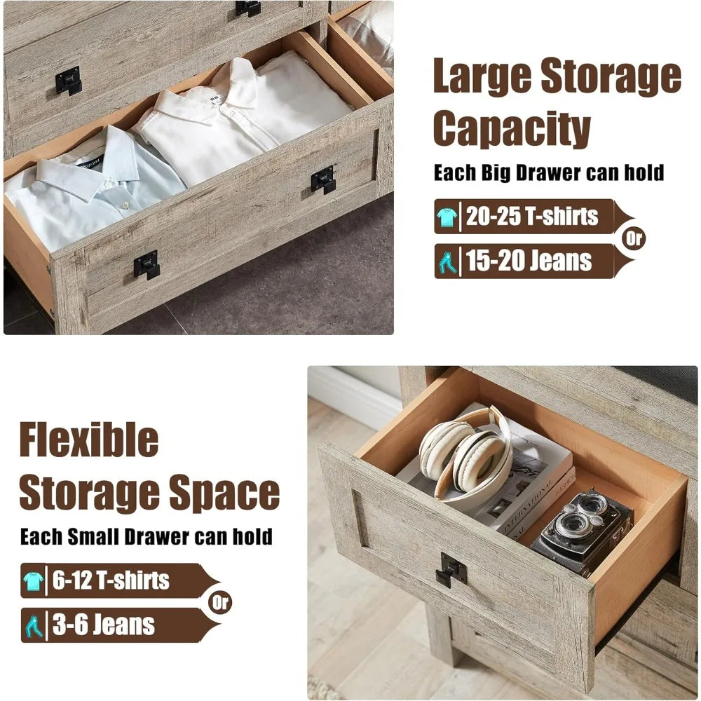 Farmhouse 7 Drawers Tv Stand, Wood Rustic, Storage Dressers Organizer for Bedroom, Living Room,Hallway, Light Rustic Oak