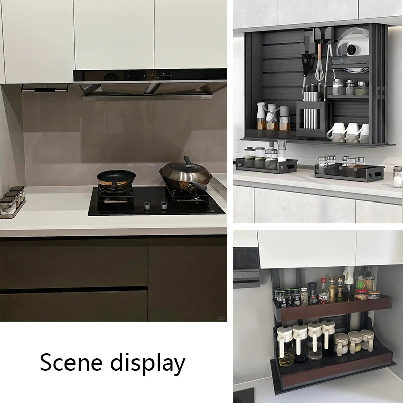 Kitchen electric vertical lift cabinet pull-out basket voice control touch automatic seasoning seasoning basket pull-down