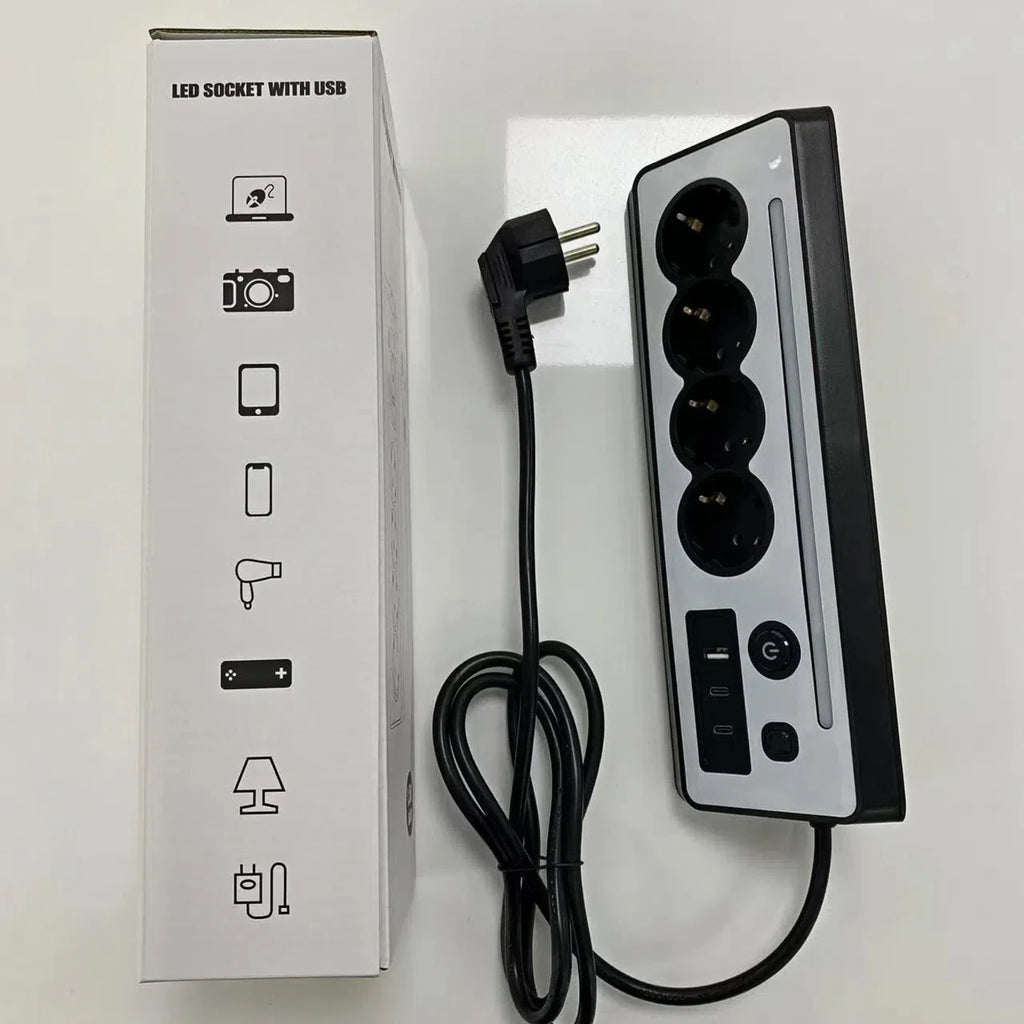 7-in-1 wall-mounted socket with night light, USB-A/C fast charging, 1.5-meter extension cable suitable for home bedrooms