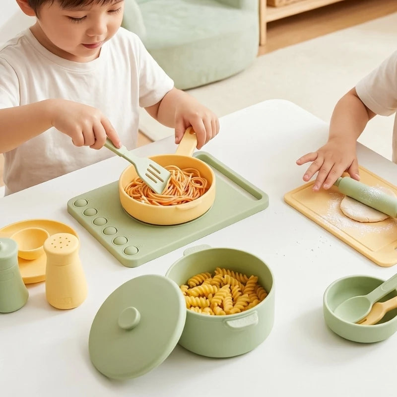 Kids Pretend Play Kitchen Toy Set With Realistic Cooking Utensils Soft Safe Silicone For Ages 3 And Up A2UB