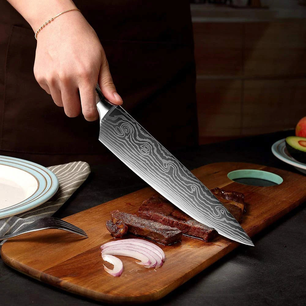 Kitchen Knife Japanese Laser Pattern Chef Knife Ultra sharp Santoku Slicing Knife Ergonomic color wood handle Cut meat,vegetable