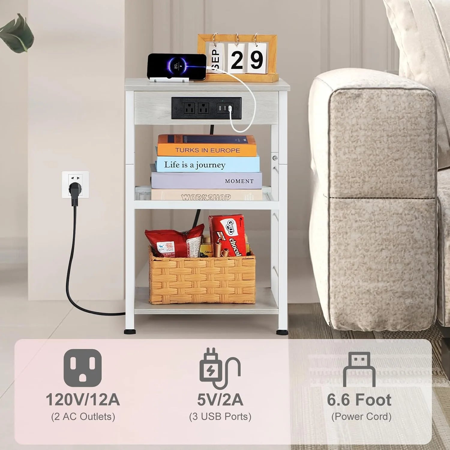 3-Tier Charging Nightstand w/3 USB & Outlets - Bedside Table with Storage Shelf for Bedroom/Dorm/Office, White