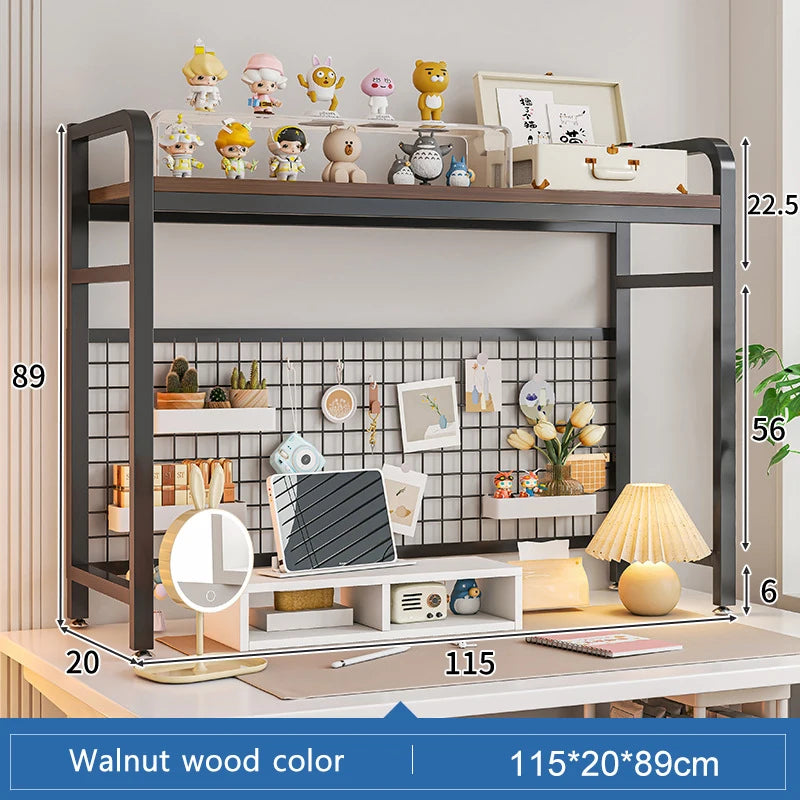 Bookshelf Bookcase With Grid Desktop Multi-layer Wrought Iron Shelf Student Computer Desk Table Hole Board Table Wooden Shelves