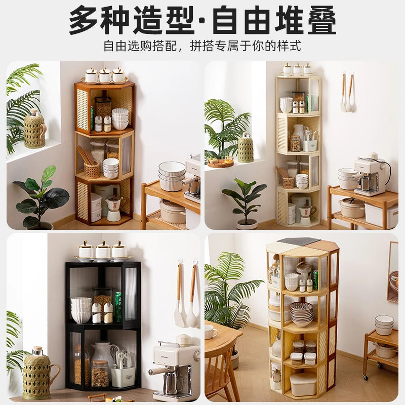Bamboo Kitchen Corner Spice Rack Tiered Condiment Organizer Multi-Function Countertop Storage Shelf for Seasoning Jars