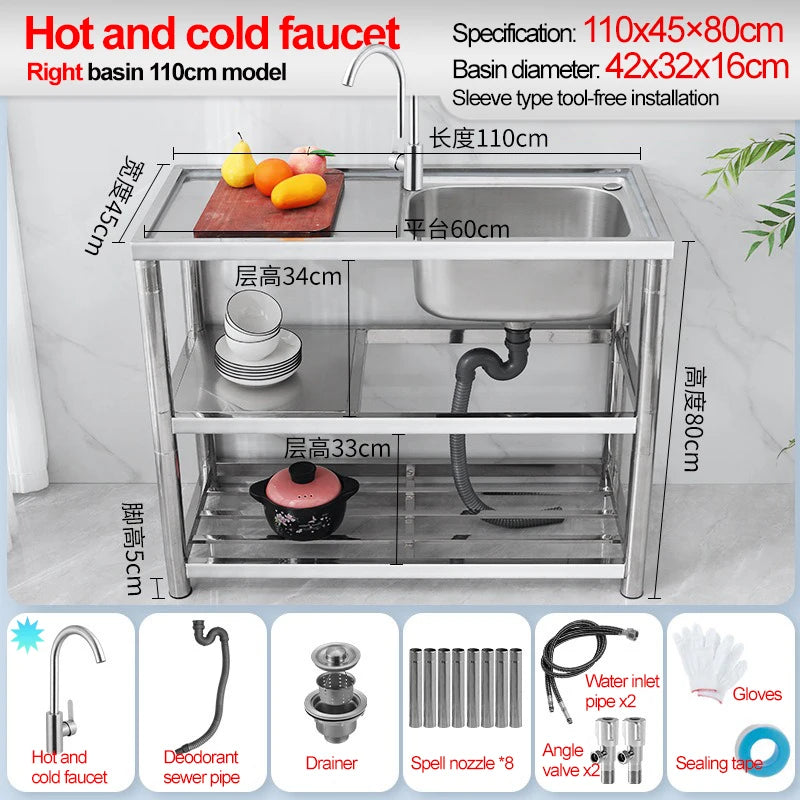 Stainless Steel Sink Kitchen Household Thickened Single Trough with Bracket Wash Basin Sink with Platform Easy Landing