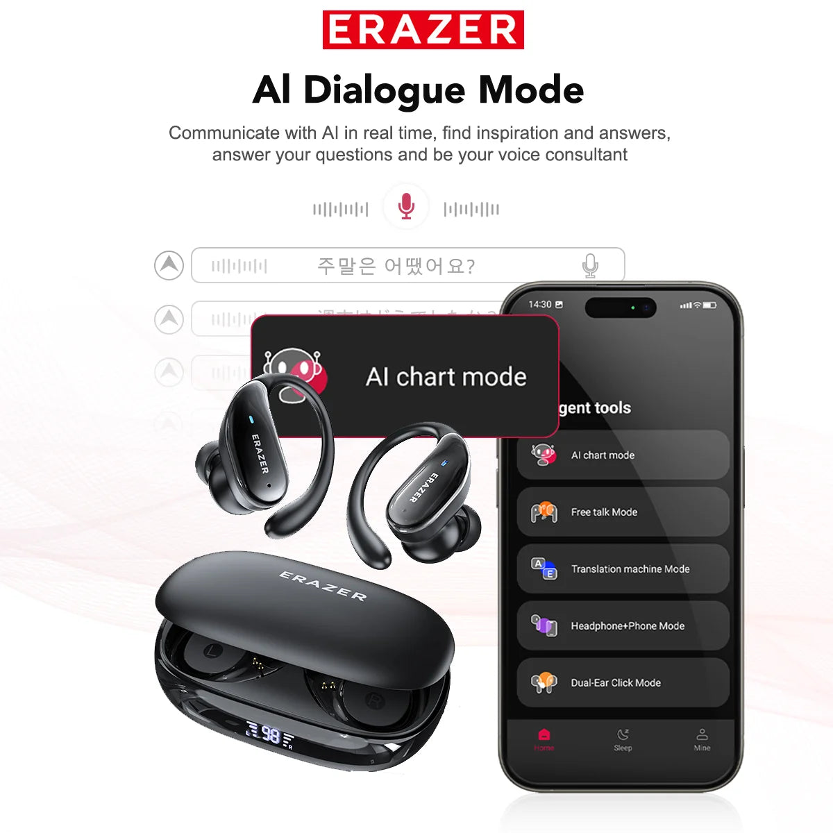 ERAZER XT80pro TWS AI Bluetooth Earphones Sports Wireless Headphones Touch Control Earhooks Headsets Active Noise Cancellation