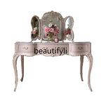NEW y French retro pink dresser solid wood carving flower dressing table makeup stool glass combination