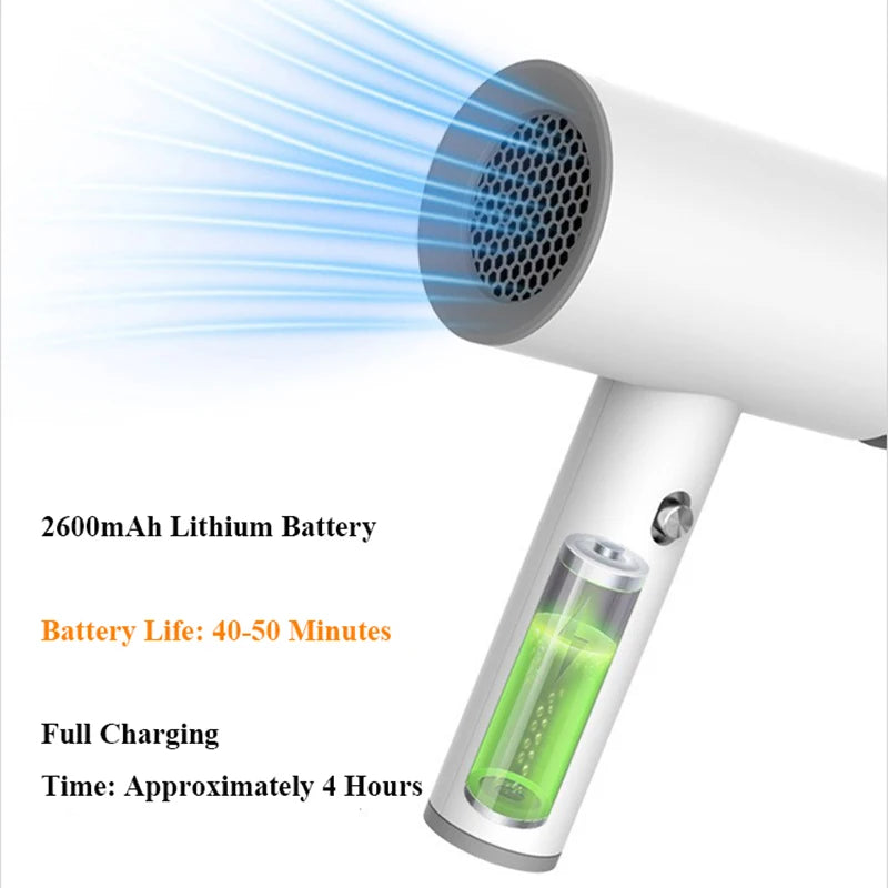 Portable Wireless Hair Dryer Rechargeable for Travel  Outdoor Use with Hot & Cold Air 2600mAh Lithium Battery and Strong Airflow