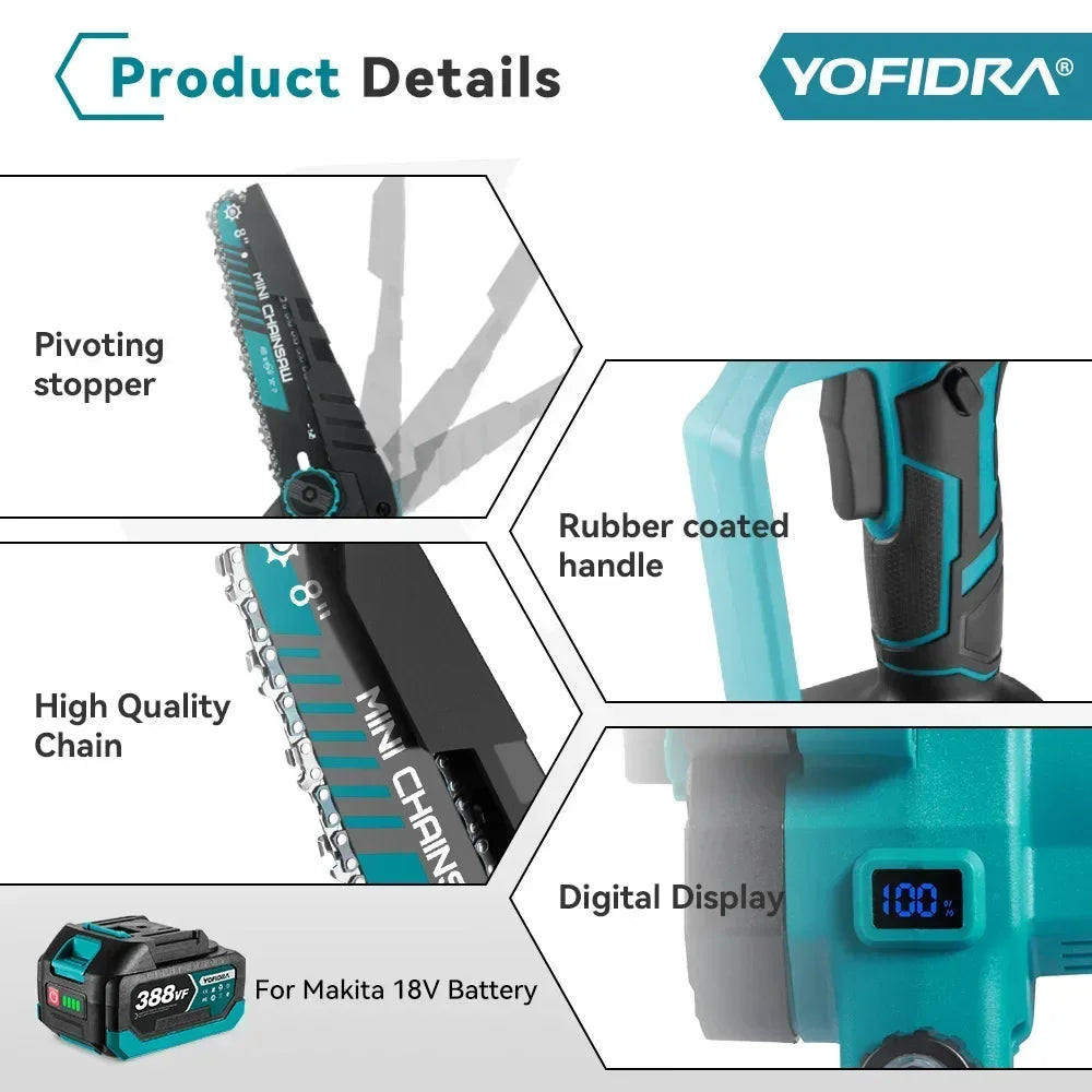 YOFIDRA 8 Inch Brushless Electric Chainsaw Cordless Rechargeable Garden Woodworking Cutting Power Tools For Makita  Battery Pin