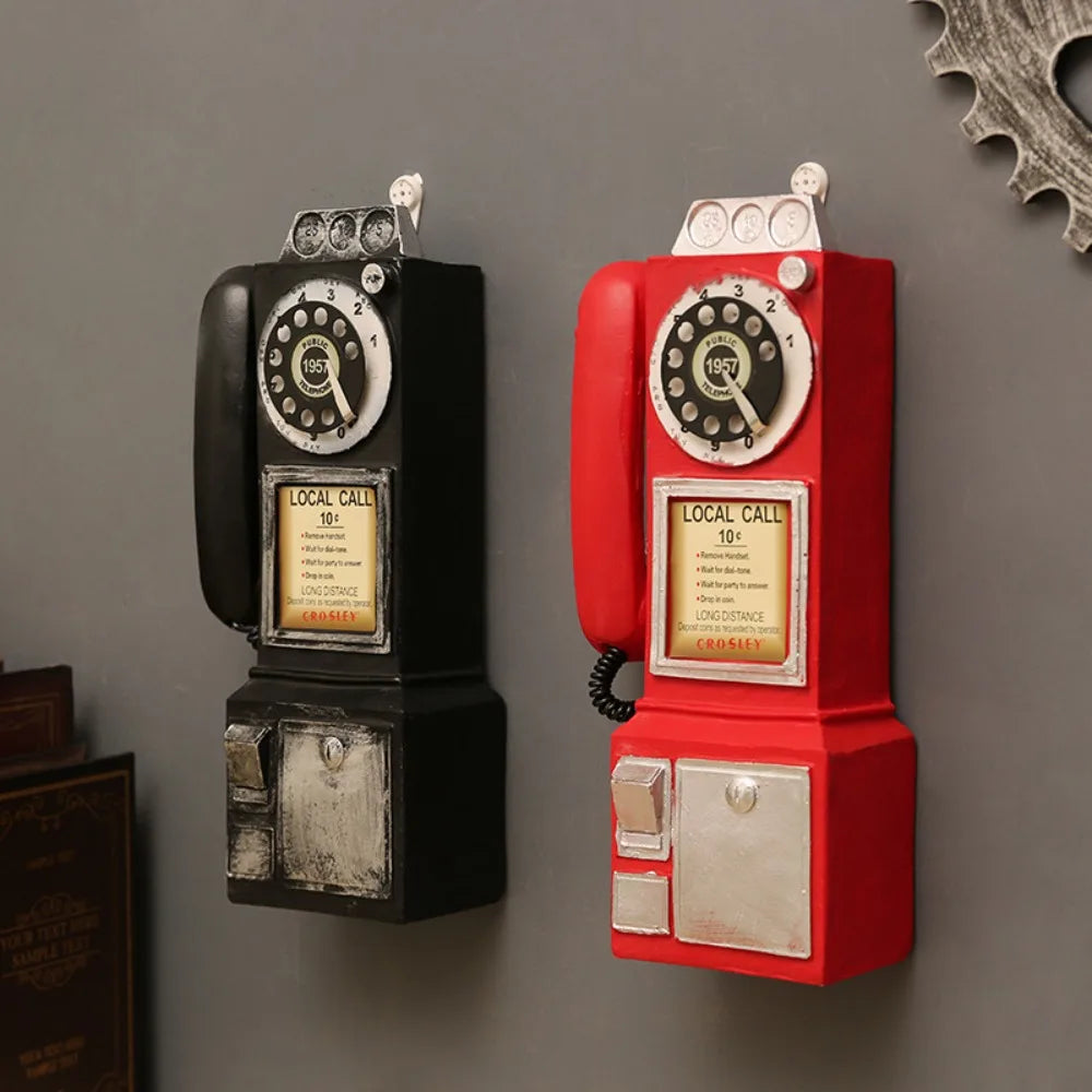 Vintage Wall-Mounted Resin Telephone Booth Figurine with Rotary Dial