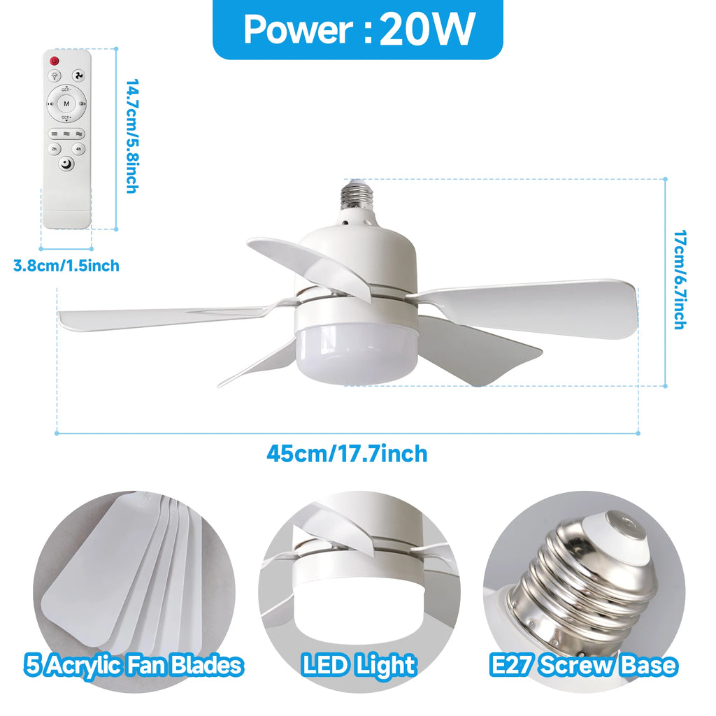 LED Ceiling Fan Light E27 with Remote, Dimmable, Speed Change, Suitabl