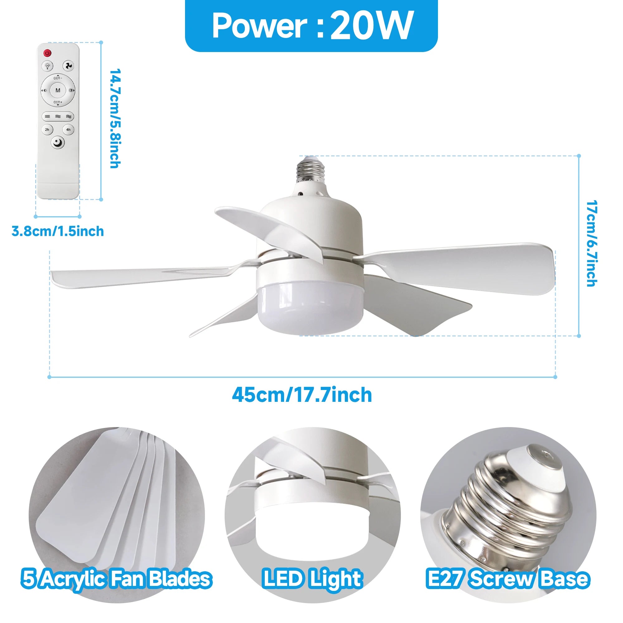 LED Ceiling Fan Light E27 with Remote, Dimmable, Speed Change, Suitabl