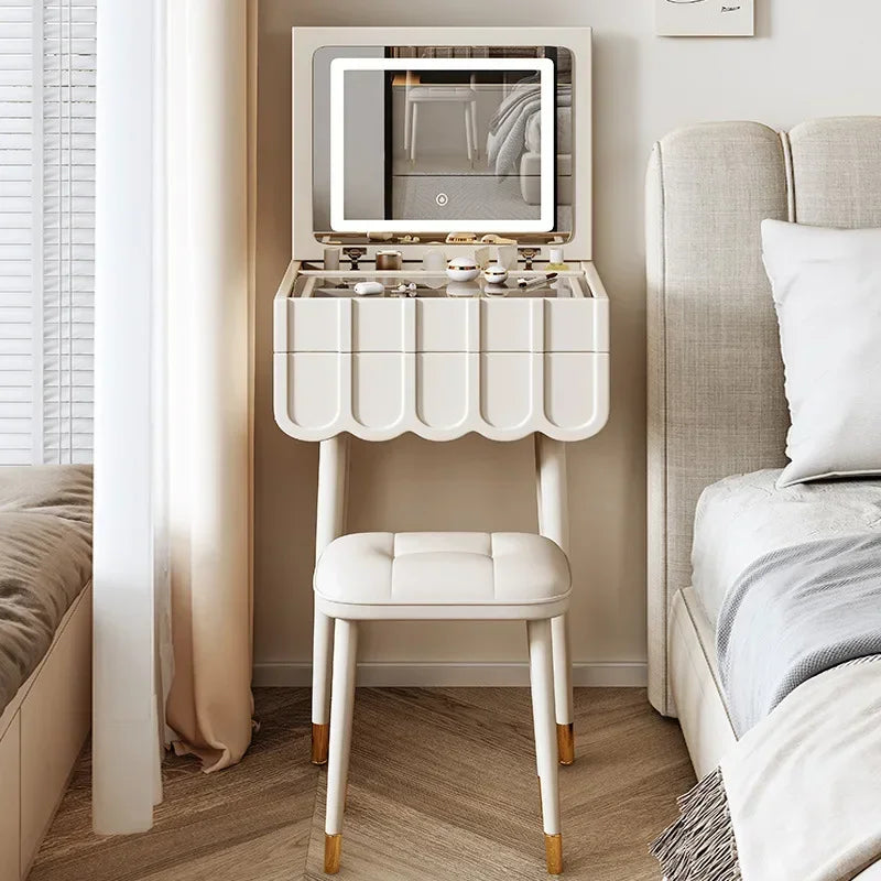 French Foldable Cover Dressing Table Simple Mini Storage Makeup Vanity Table with Mirror Modern Dressers for Bedroom Furniture