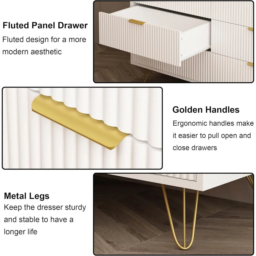 White 6 Drawer Dresser with Golden Handle, Fluted Wood Dressers, Modern Chest for Bedroom, Living Room, Hallway, Entryway