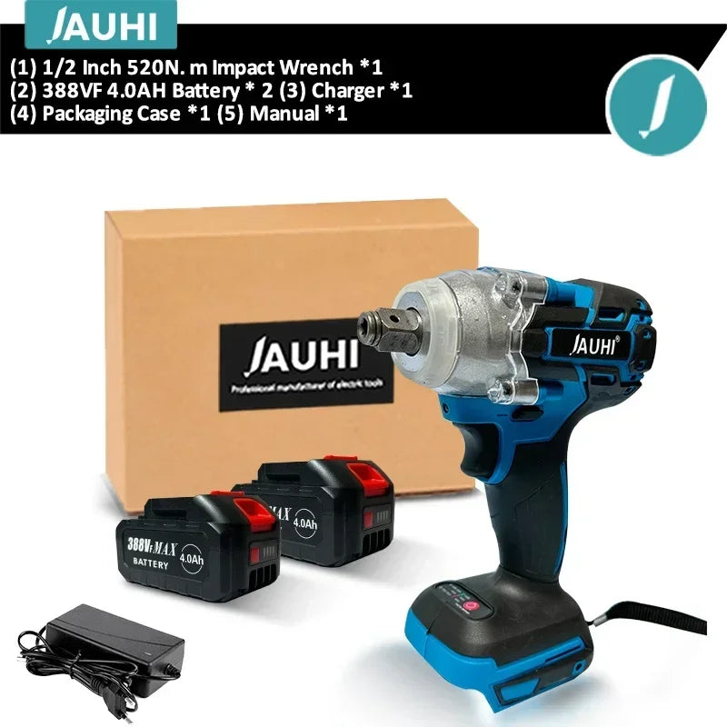 JAUHI 520N.M Brushless Electric Impact Wrench Cordless Electric Wrench 1/2 Inch Screwdriver Power Tools For Makita 18V Battery