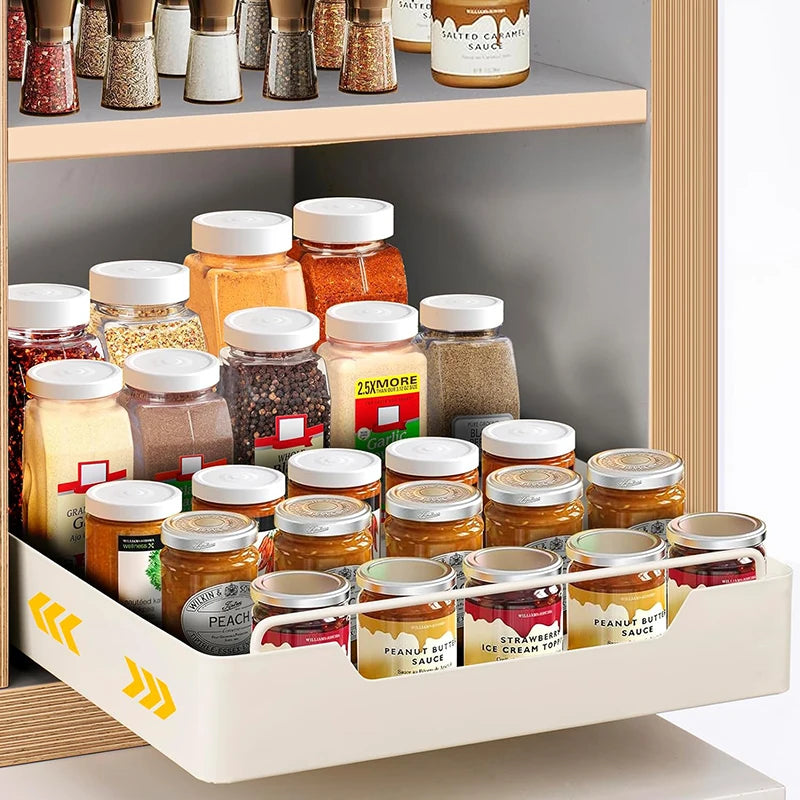 Kitchen Storage Box with Sliding Rail Pull-out Cabinet Storage Rack Spice Pantry Shelves Drawer Kitchen Organizer Basket
