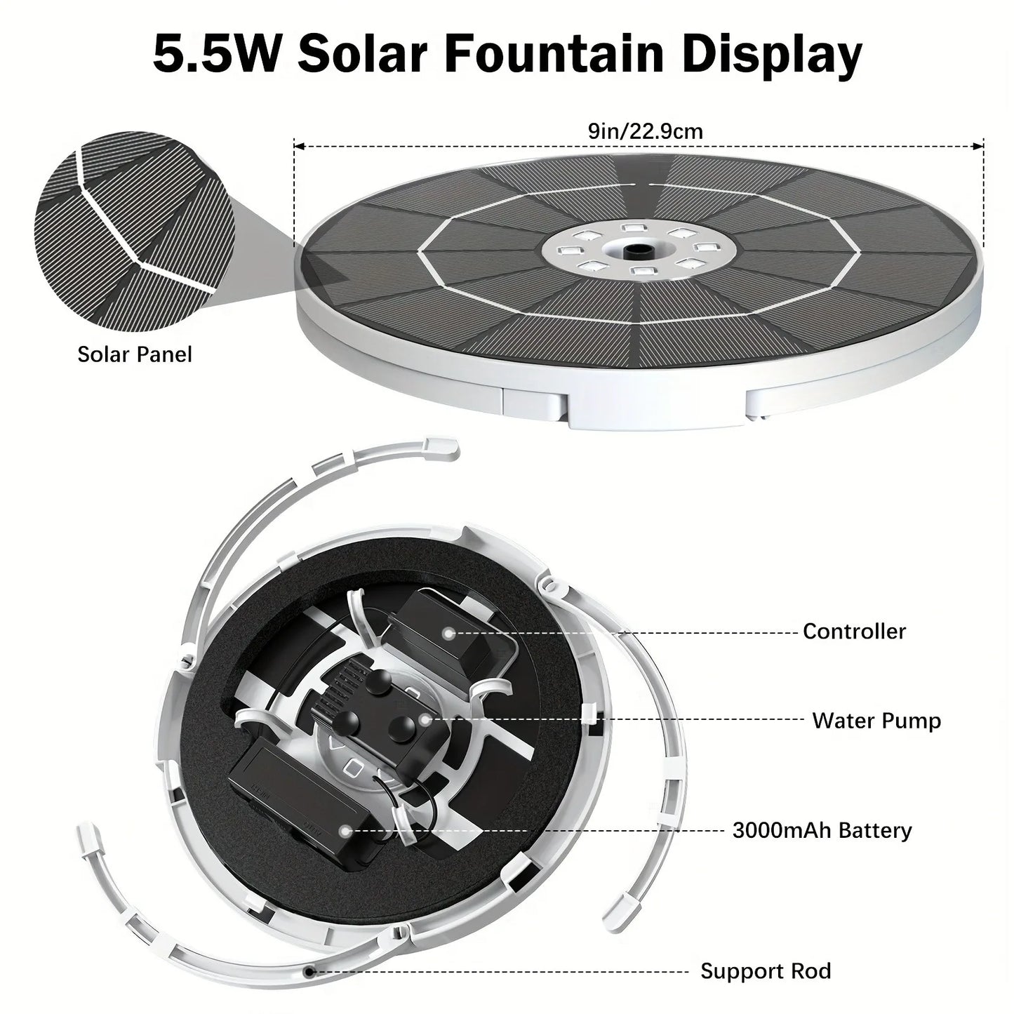 Indoor and outdoor 6.5w solar fountain, automatic bird bath fountain, with DIY nozzle set, suitable for gardens, courtyards,