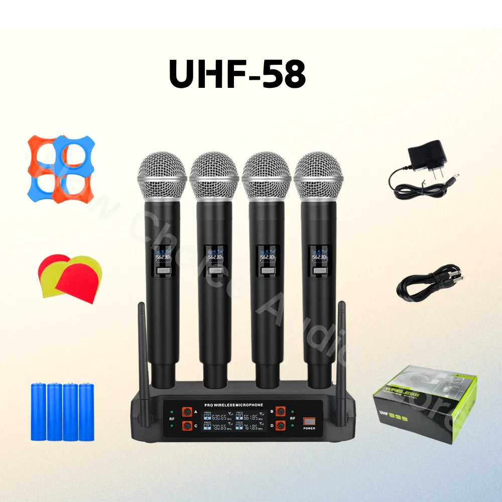 Wireless Microphone Handheld 4 Channel UHF Fixed Frequency Dynamic Microphone For Karaoke Wedding Party Band Church Performance