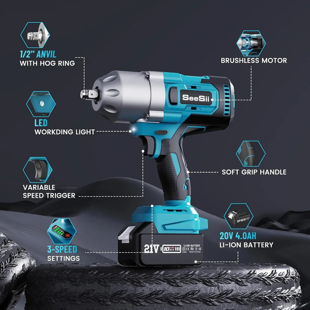 Seesii Impact Wrench 960Ft-lbs Brushless Impact Gun 1300NM High Torque 1/2 2X 5.0Ah Battery Cordless Impact Wrench for Truck