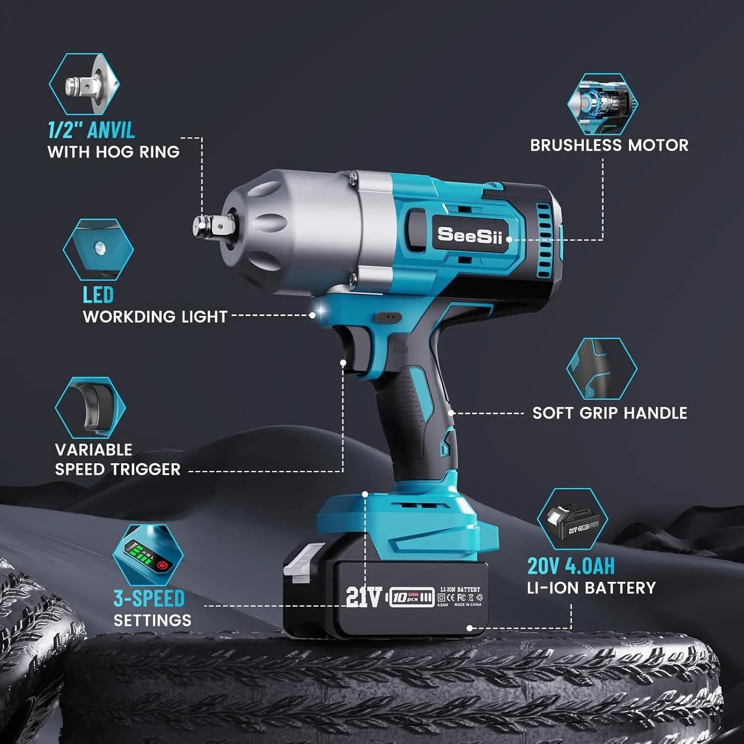 Seesii Impact Wrench 960Ft-lbs Brushless Impact Gun 1300NM High Torque 1/2 2X 5.0Ah Battery Cordless Impact Wrench for Truck