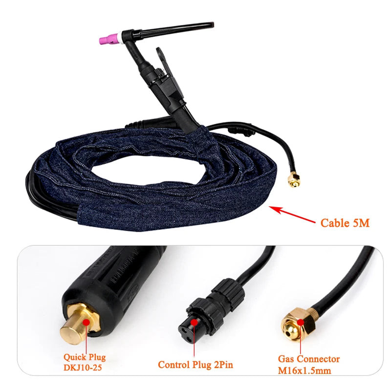 Professional  WP17 TIG Torch 5m Air Cooling Flexible Neck Quick Plug 10-25 Suitable For WS TIG180/200/250 Welding Machine