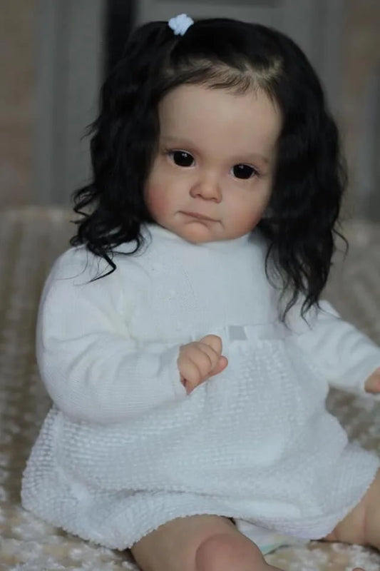 NPK 60CM Bebe Doll Reborn Toddler Maggi in Black Rooted Hair Soft Touch 3D Skin with Visible Veins High Quality Art Doll