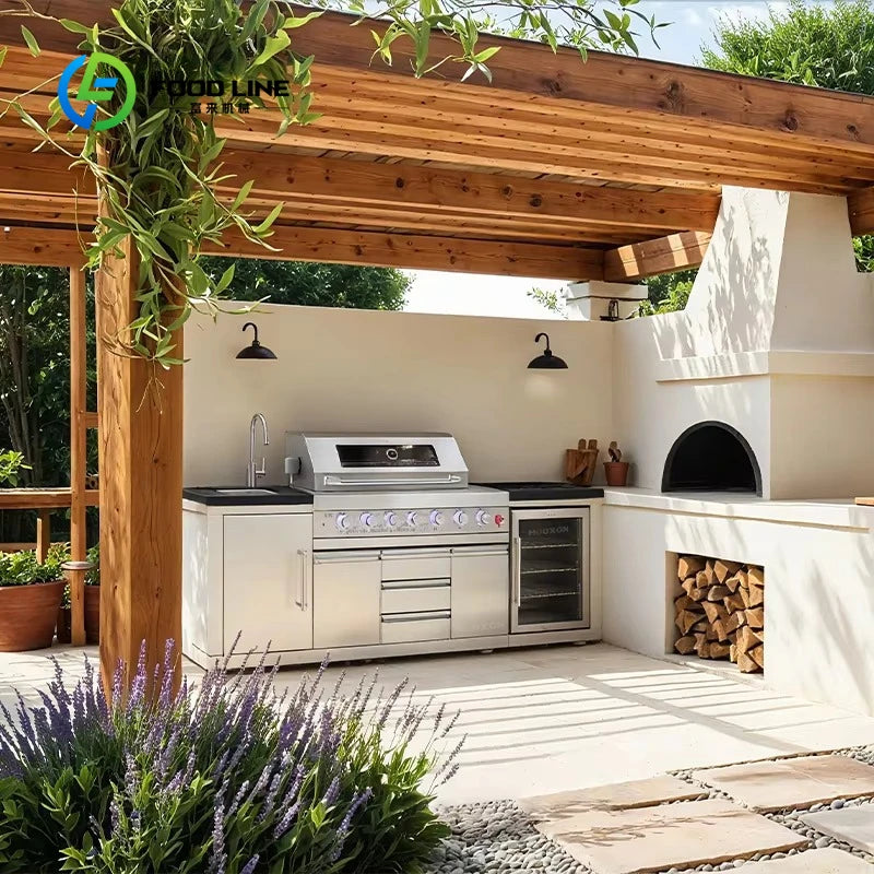 Customized Stainless Steel Color Outdoor Kitchen with 8-Burner BBQ Grill Sink Cabinet and Fridge for Patio Villa