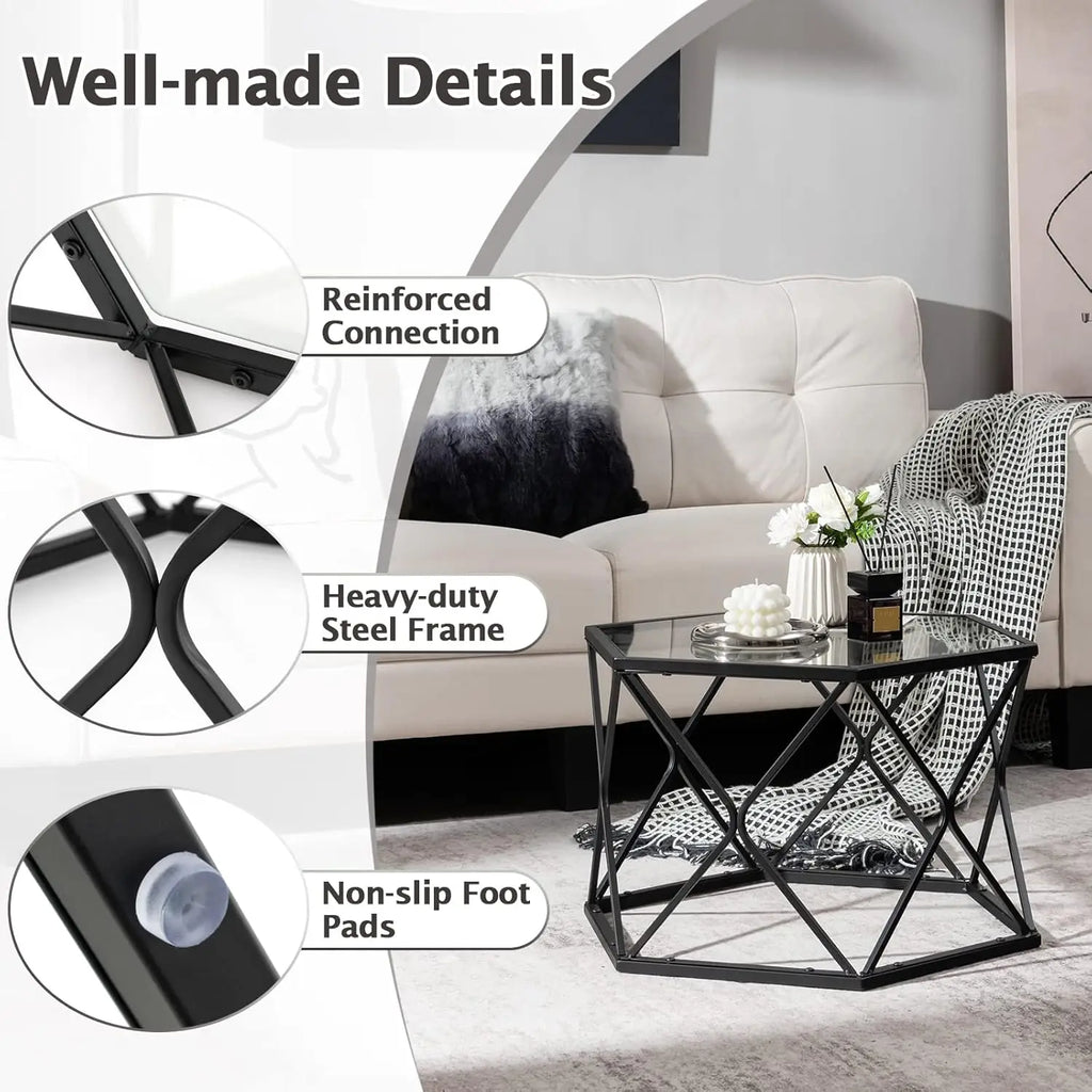 Giantex Hexagonal Glass Coffee Table, End Table W/Tempered Glass Top & Sturdy Metal Legs, Modern Center Table, Geometric Small