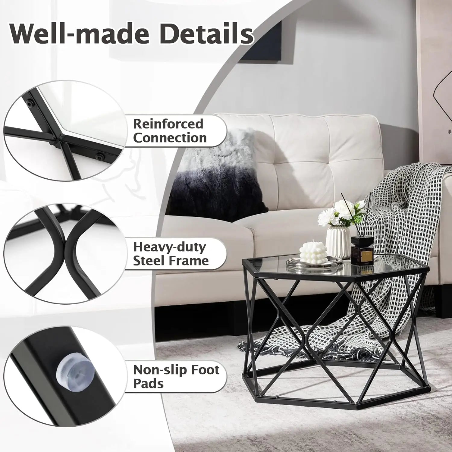 Giantex Hexagonal Glass Coffee Table, End Table W/Tempered Glass Top & Sturdy Metal Legs, Modern Center Table, Geometric Small