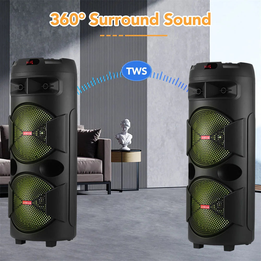9000W Portable Bluetooth Party Speaker Karaoke Heavy Bass Rechargeable Sound System Dual 12 Inche Subwoofer Led Light with Mic