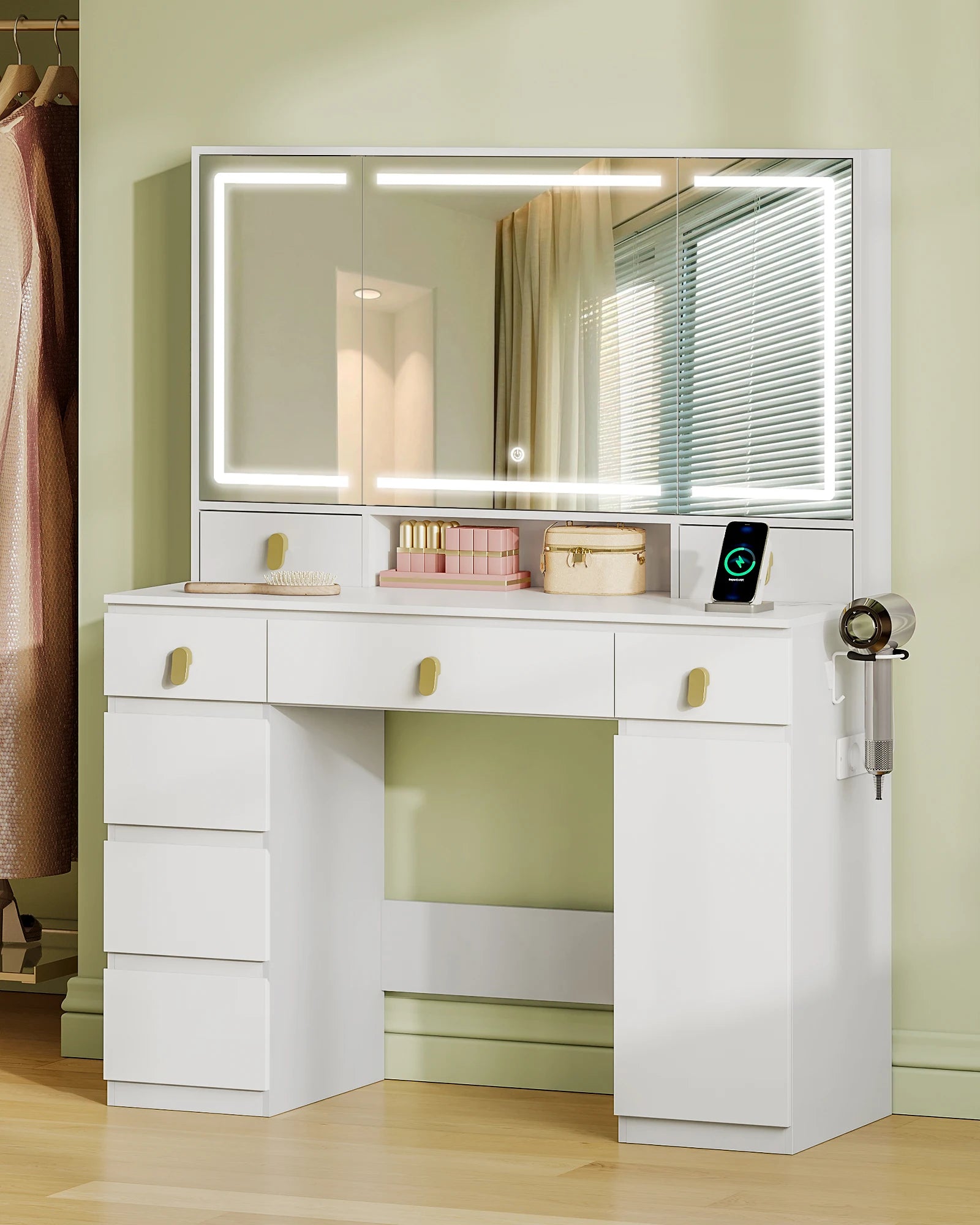 Hzuaneri Dressing Table with Mirror, LED Lighting, Power Strip and Hair Dryer Holder, 3 Colours, Brightness Control, 8 Drawers