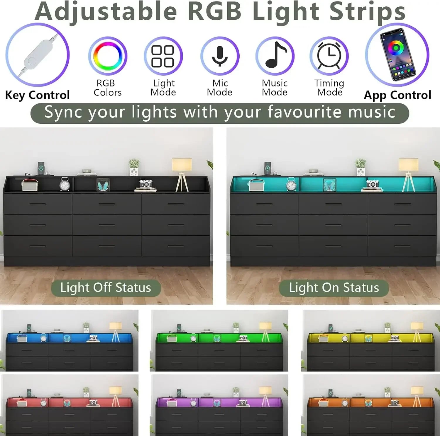 Dresser for Bedroom with Power Outlet, Modern Chest of LED Light, Open Storage Cubby, Organizer, Entryway, Living Room, Black