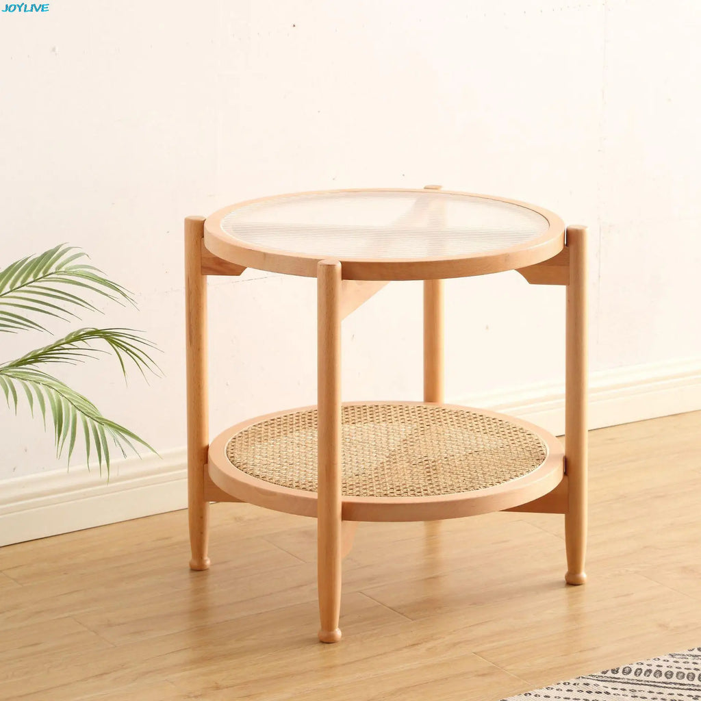 JOYLIVE Rattan Coffee Table Japanese Double Layer Detachable Solid Wood Table Glass Round Home Small Table 2022 New Dropshipping