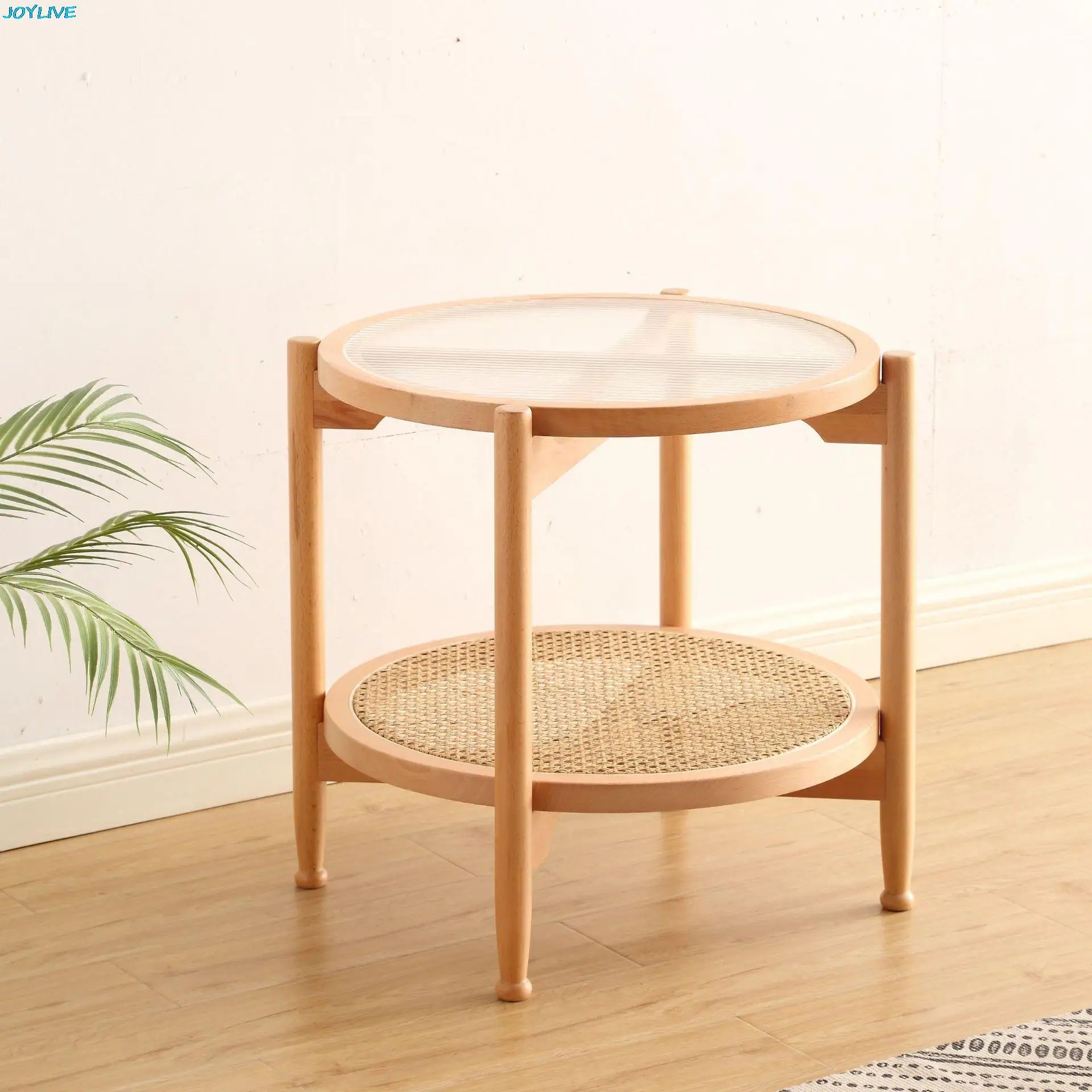 JOYLIVE Rattan Coffee Table Japanese Double Layer Detachable Solid Wood Table Glass Round Home Small Table 2022 New Dropshipping