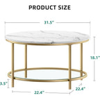 White Marble Round Coffee Table with Glass for Living Room, 2-Tier Circle Coffee Table with Storage Clear Coffee Table