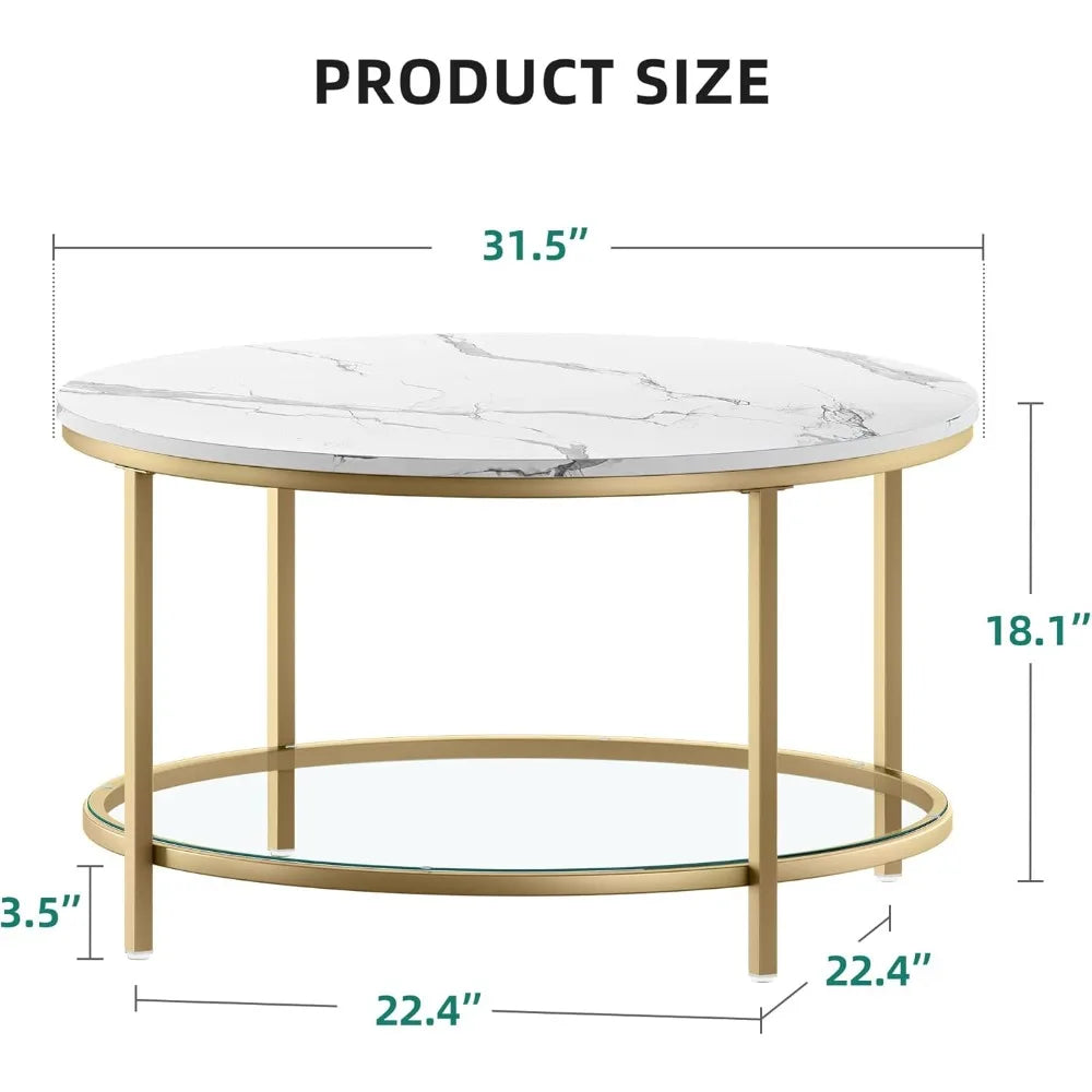 White Marble Round Coffee Table with Glass for Living Room, 2-Tier Circle Coffee Table with Storage Clear Coffee Table