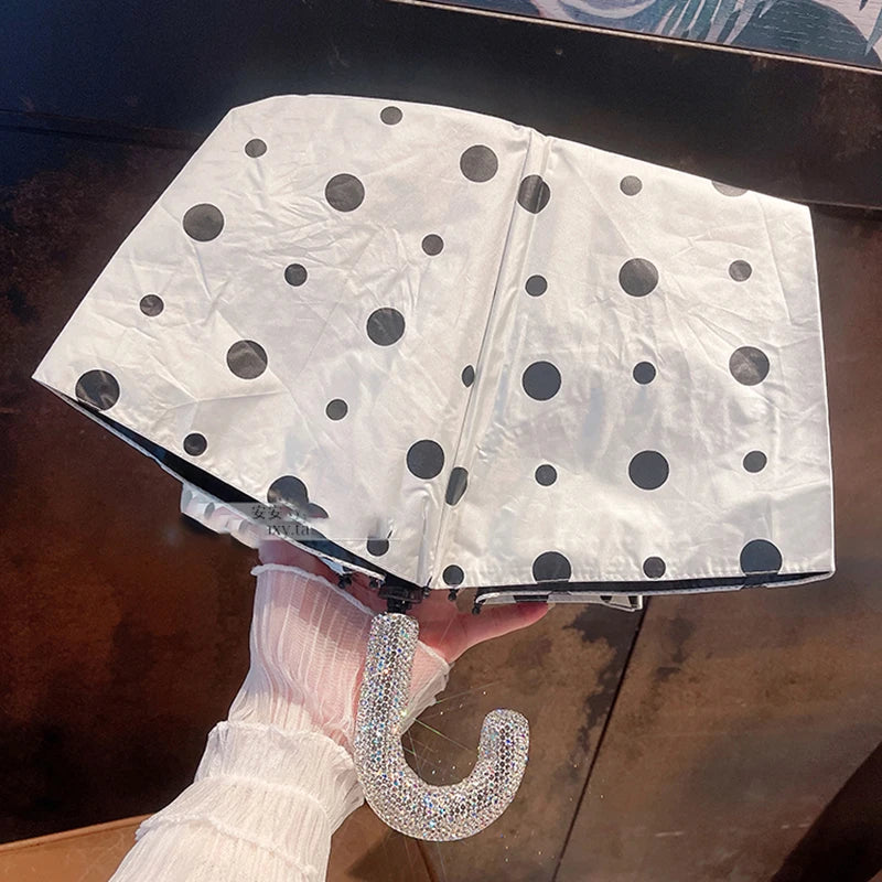 Bling Rhinestones Handle Sunshade Umbrella Women's Sunshine Rain Umbrella Portable Polka Dots Anti UV Folding Sun Umbrella