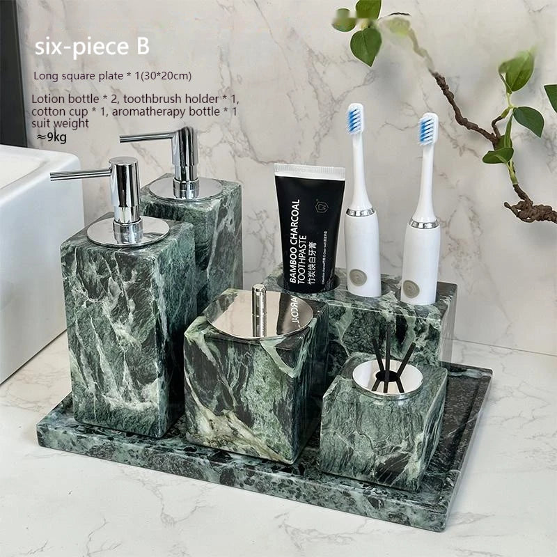 Luxury Marble Bath Set: Shampoo Bottles, Tray & Canister Organizer, Natural Stone Accessories for Home & Hotel Bathroom Decor