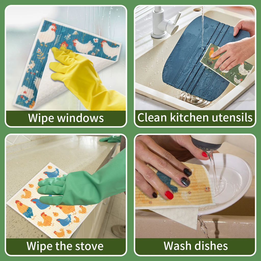 8 Pieces Chicken pattern Kitchen Wipes Washable Reusable Sponge Cleaning Cloths Absorbent Dish Cloths For Kitchen Bar Counters