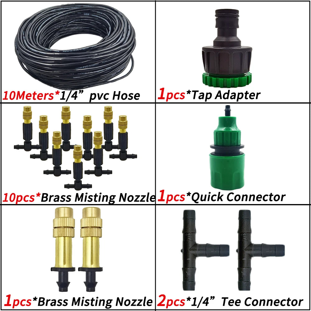 5M-30M Outdoor Misting Cooling System Garden Irrigation Watering 1/4'' Brass Atomizer Nozzles 4/7mm Hose for Patio Greenhouse
