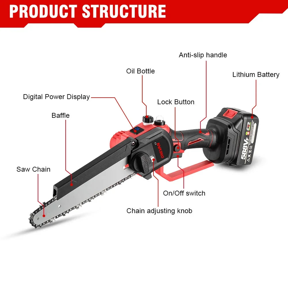 ONEVAN 8Inch Brushless Electric Chainsaw 4500W Cordless Electric Saw Rechargeable Woodworking Tool For Makita 18V Battery Pin