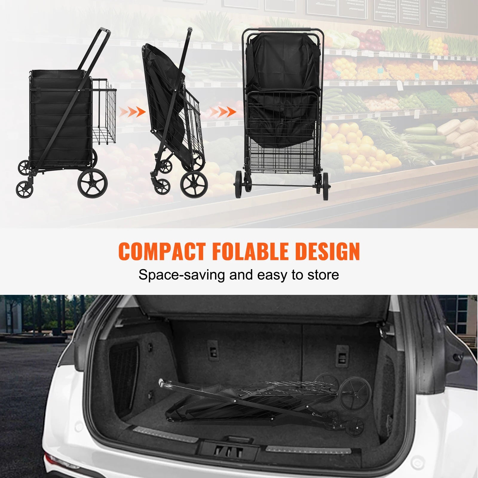 VEVOR Folding Shopping Cart with Removable Waterproof Liner 106/330LBS Large Capacity 360° Swivel Wheels Dense Metal Mesh Base