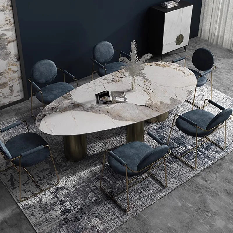 Italian Luxury Stainless Steel Dining Table, Oval Imported Stone Tabletop, Trending Villa Home Design, Corrosion/Heat/Easy-Clean