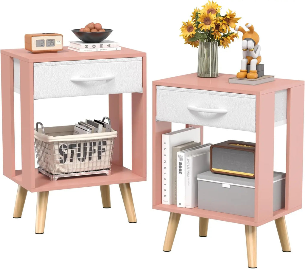 Nightstand Set of 2 with Fabric Drawers and Open Shelves - Rustic Bedroom Side Tables