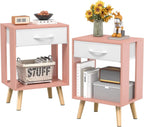 Nightstand Set of 2 with Fabric Drawers and Open Shelves - Rustic Bedroom Side Tables