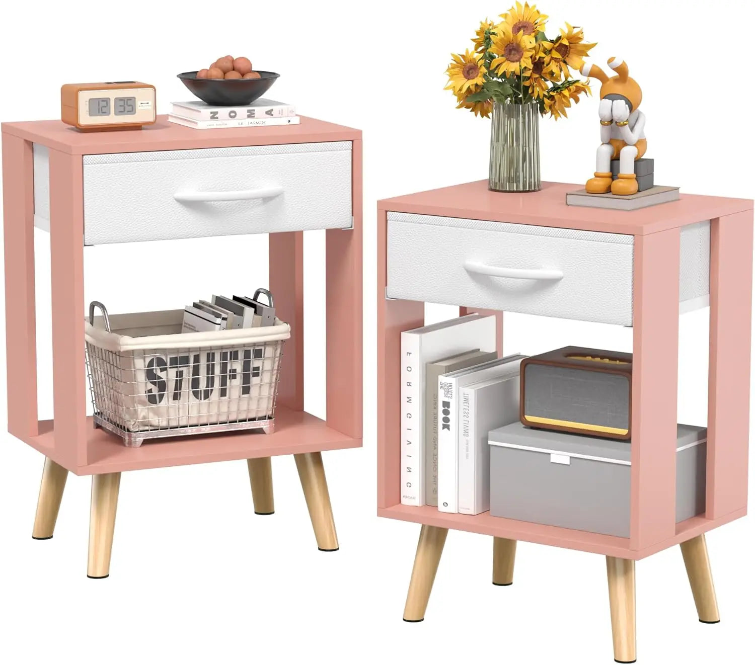 Nightstand Set of 2 with Fabric Drawers and Open Shelves - Rustic Bedroom Side Tables