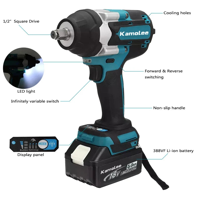 Kamolee DTW700 1800NM Cordless Impact Wrench Brushless 18V 1/2" For Car/Truck Repair