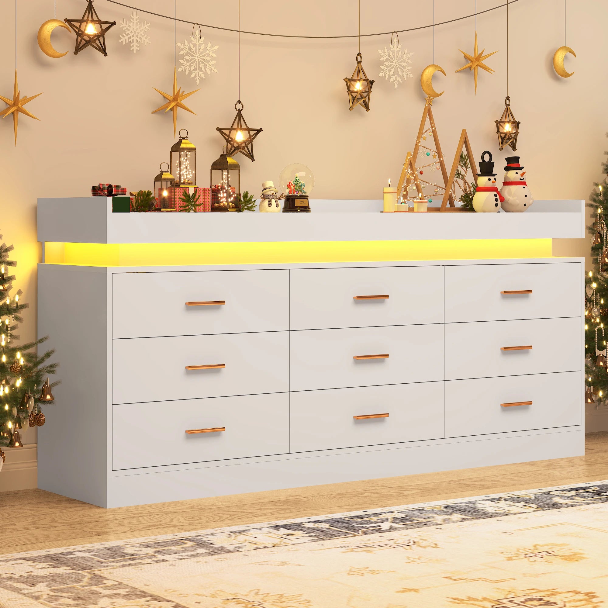 9 Drawer Dresser with LED Light & Charging Station, Modern Chest of Drawers for Closet, 63" Wide Drawer Organizer Cabinet