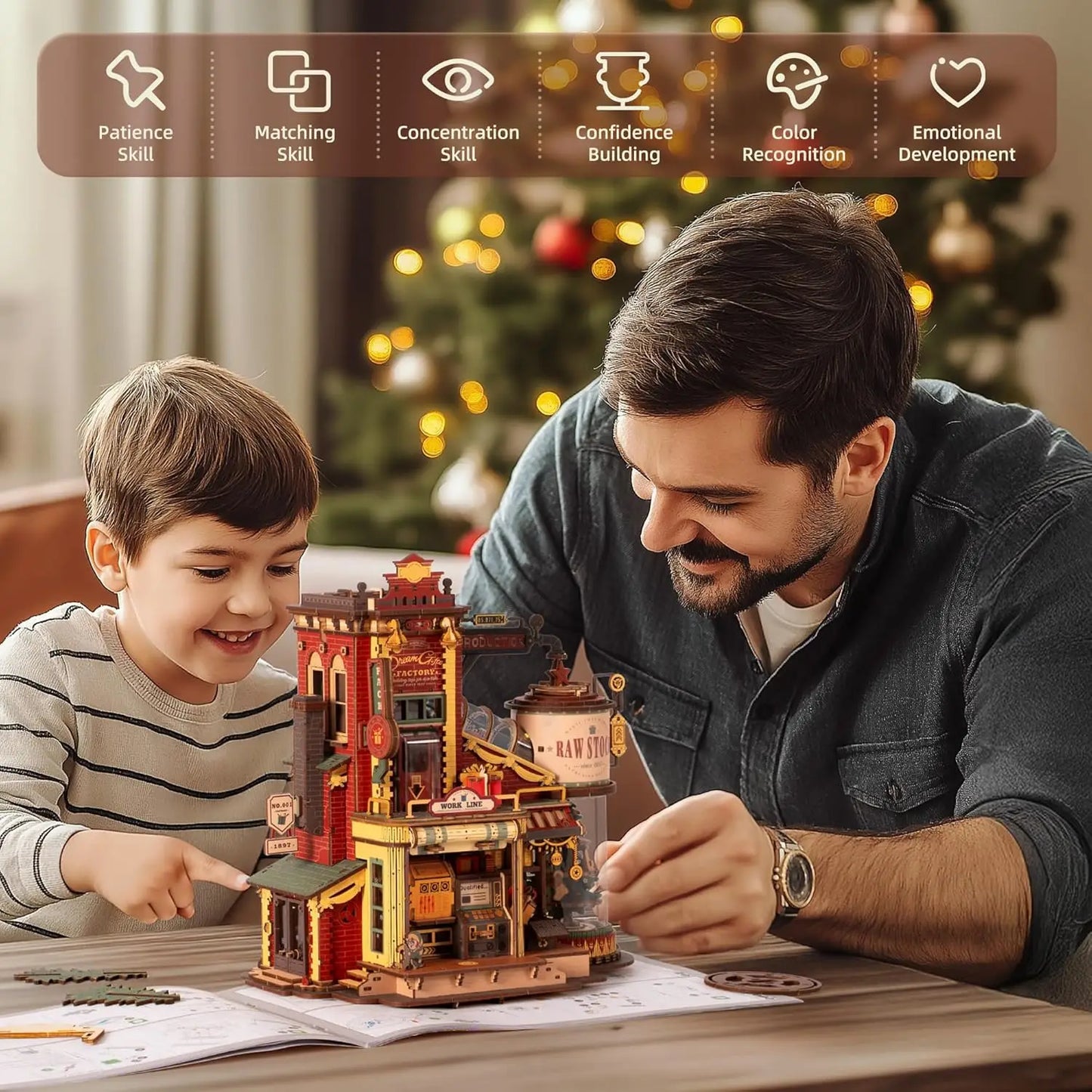 3D Wooden Puzzle Music Box Kit - "Christmas Dream Gift Factory" Model for Kids & Adults | AlluCanFind